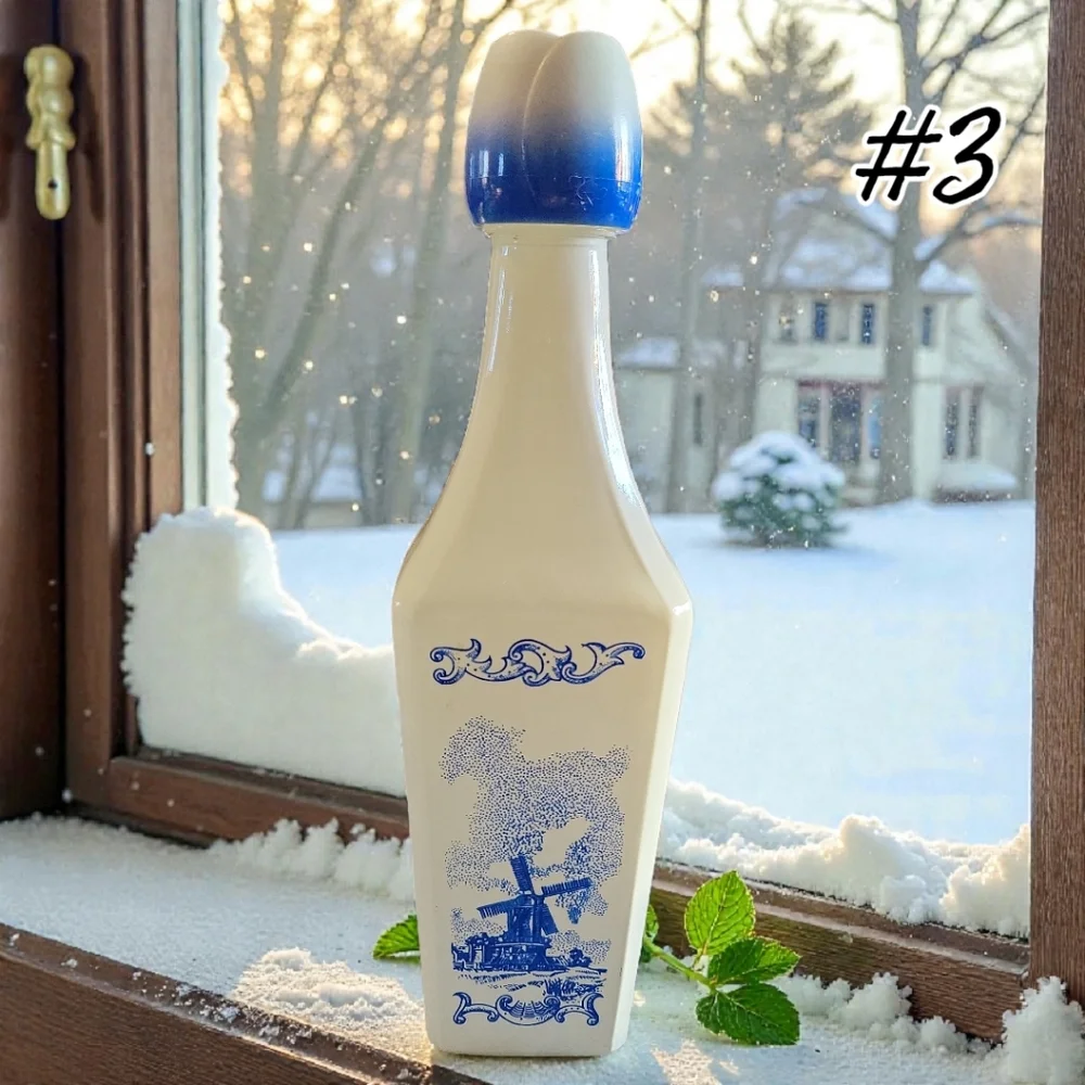 Vtg 60's Vandermint Milk Glass Liquor Bottle Delft Blue Windmills 9.5